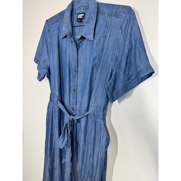 Lands' End Womens Chambray Midi Shirt Dress Size L Blue Short Sleeve Casual Work - Picture 3 of 13